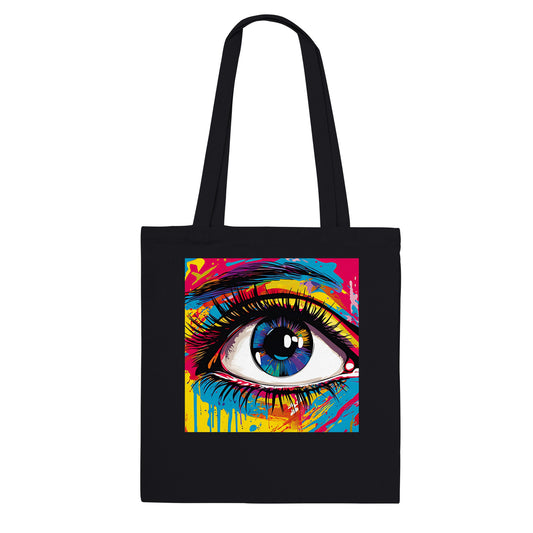 Bolsa de tela negra con diseño artístico de un ojo