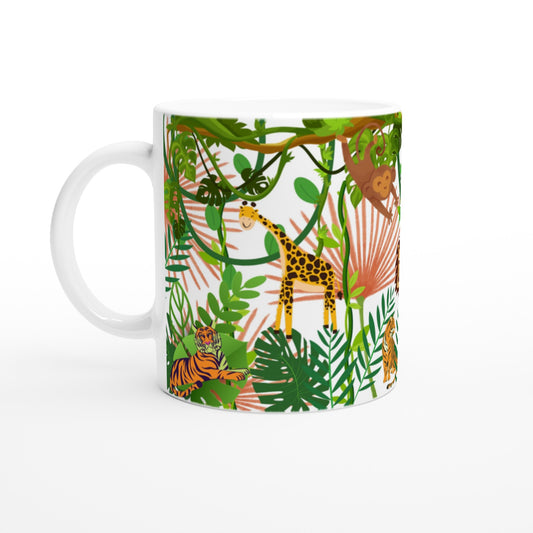 Taza de café con diseño de una selva y animales salvajes. 