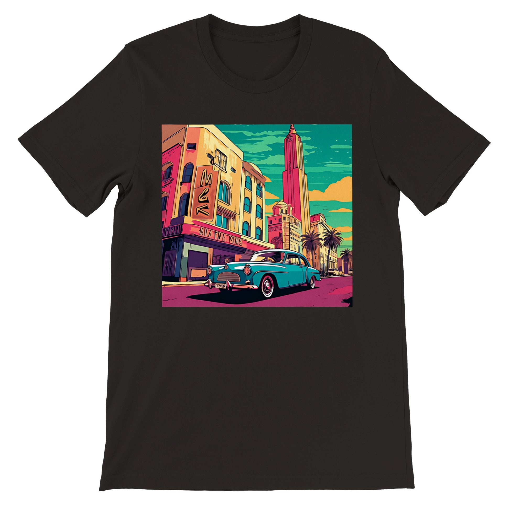 Camiseta negra de hombre con diseño de un coche clásico en una ciudad