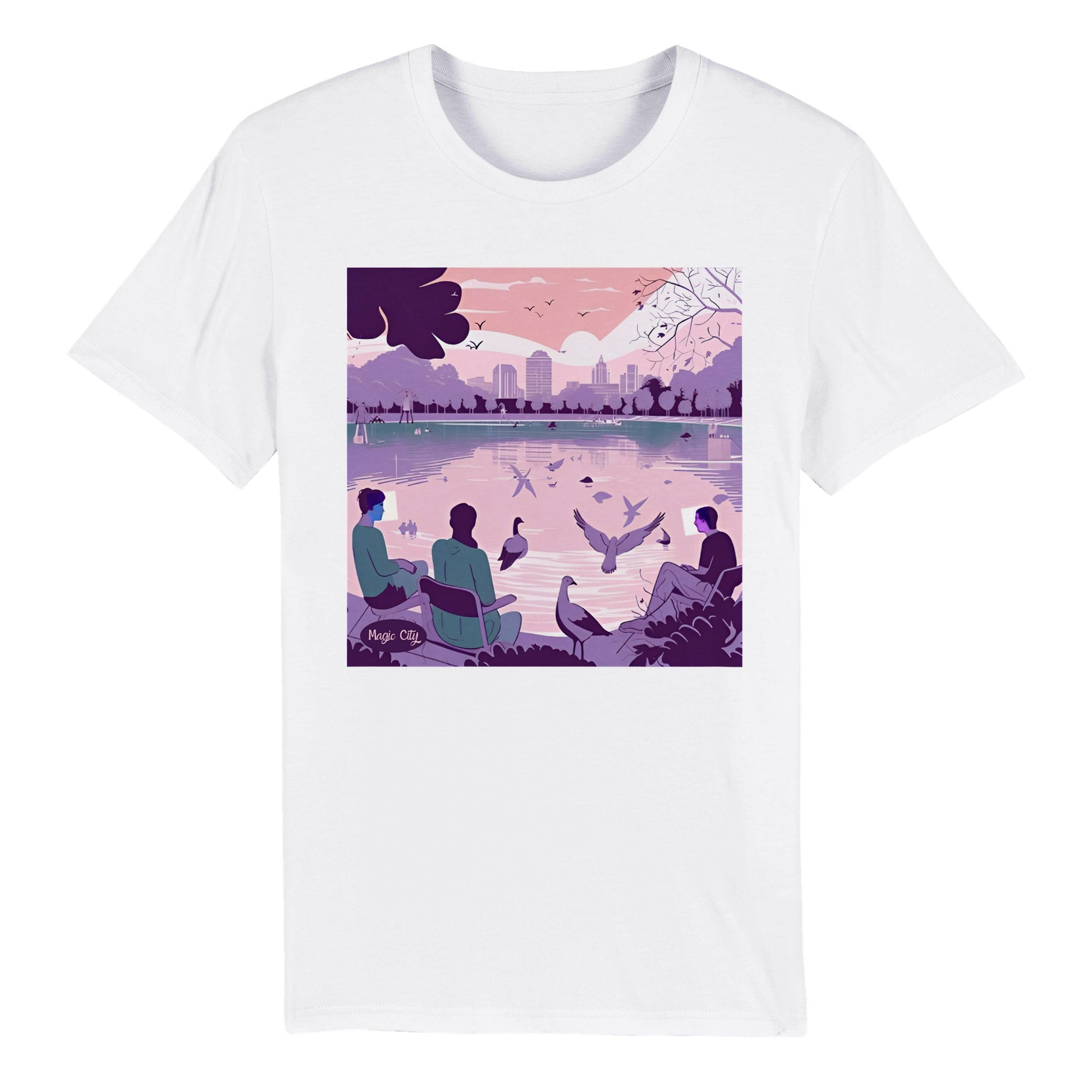 Original camiseta blanca con diseño en pecho de personas en un parque en tonos lila