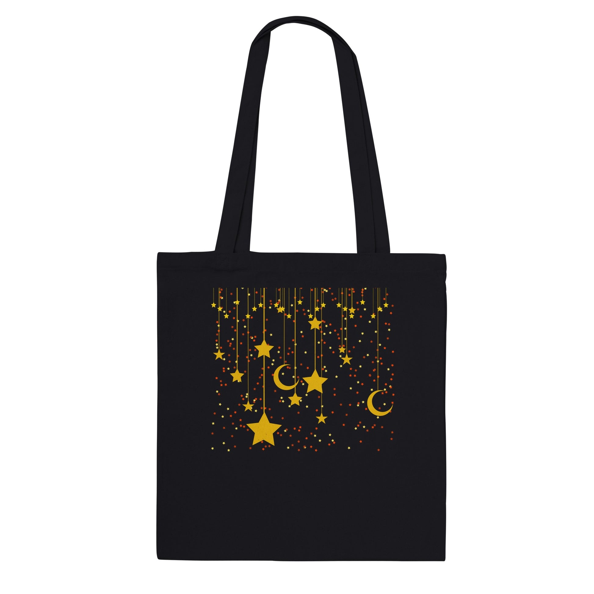 Bolsa de tela negra en algodón con diseño original de lunas y estrellas