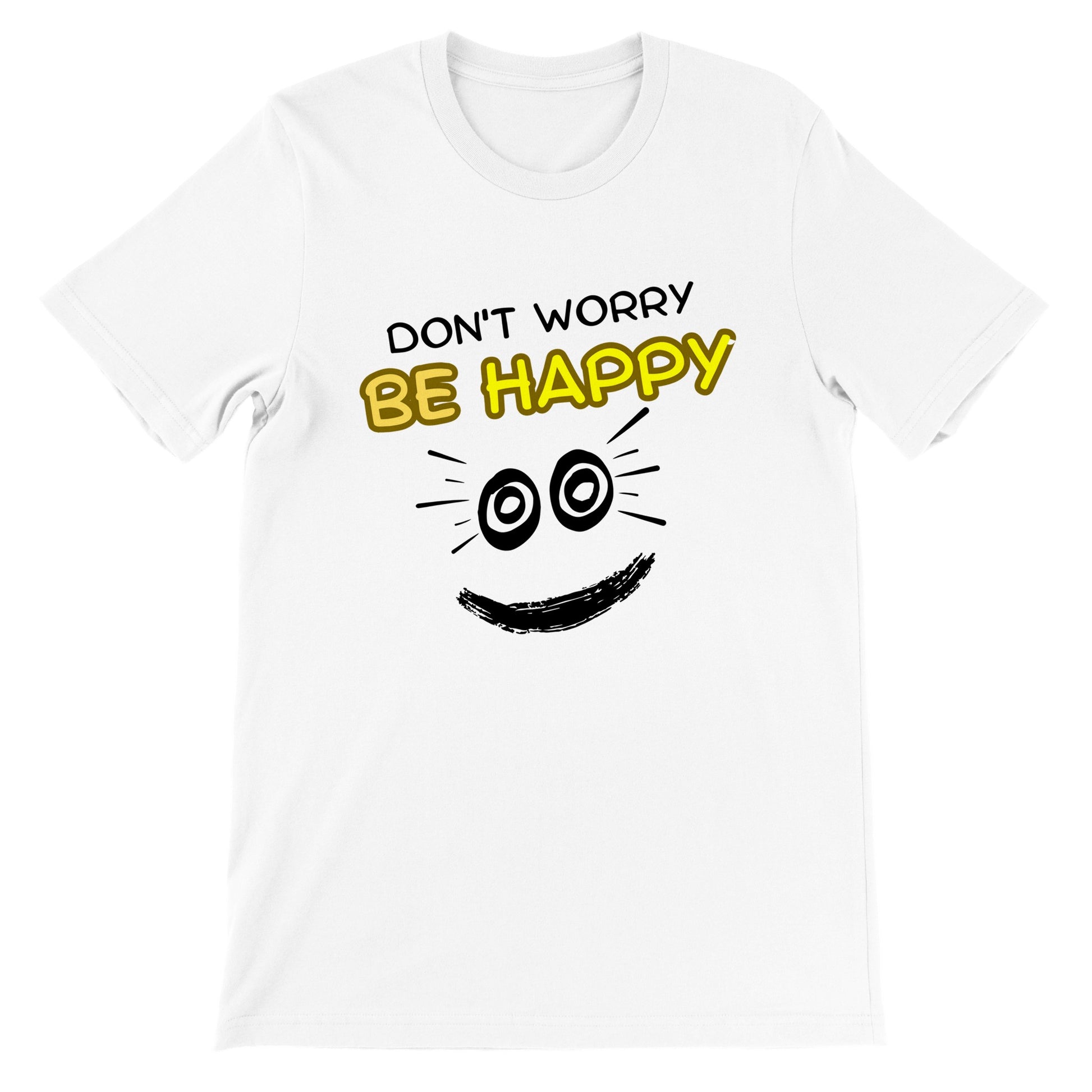 Camiseta blanca con texto don`t worry be happy