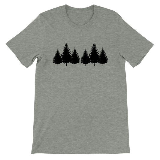 Camiseta gris con moderno diseño con paisaje de pinos en la oscuridad