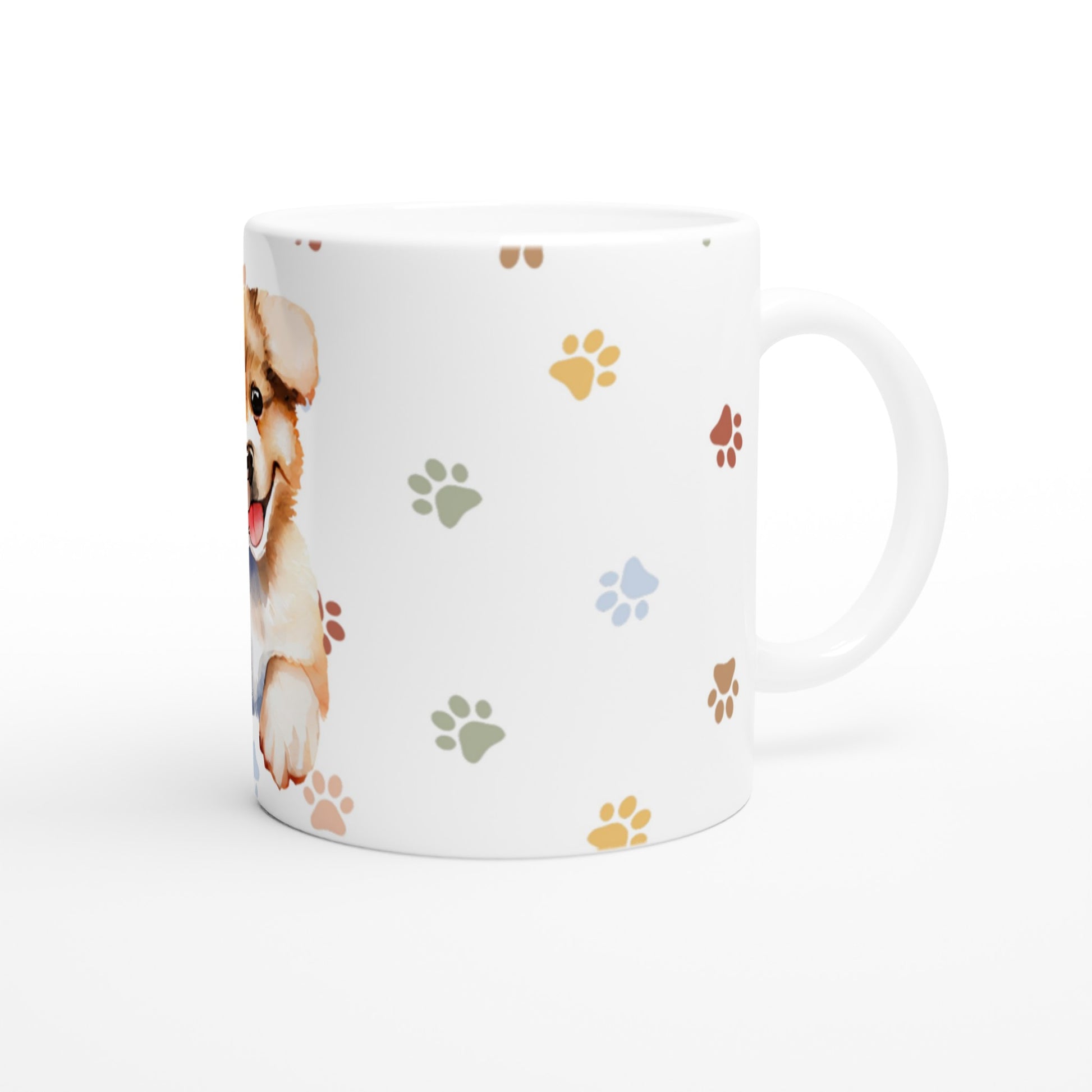 Taza original de desayuno con un gracioso perro y huellas