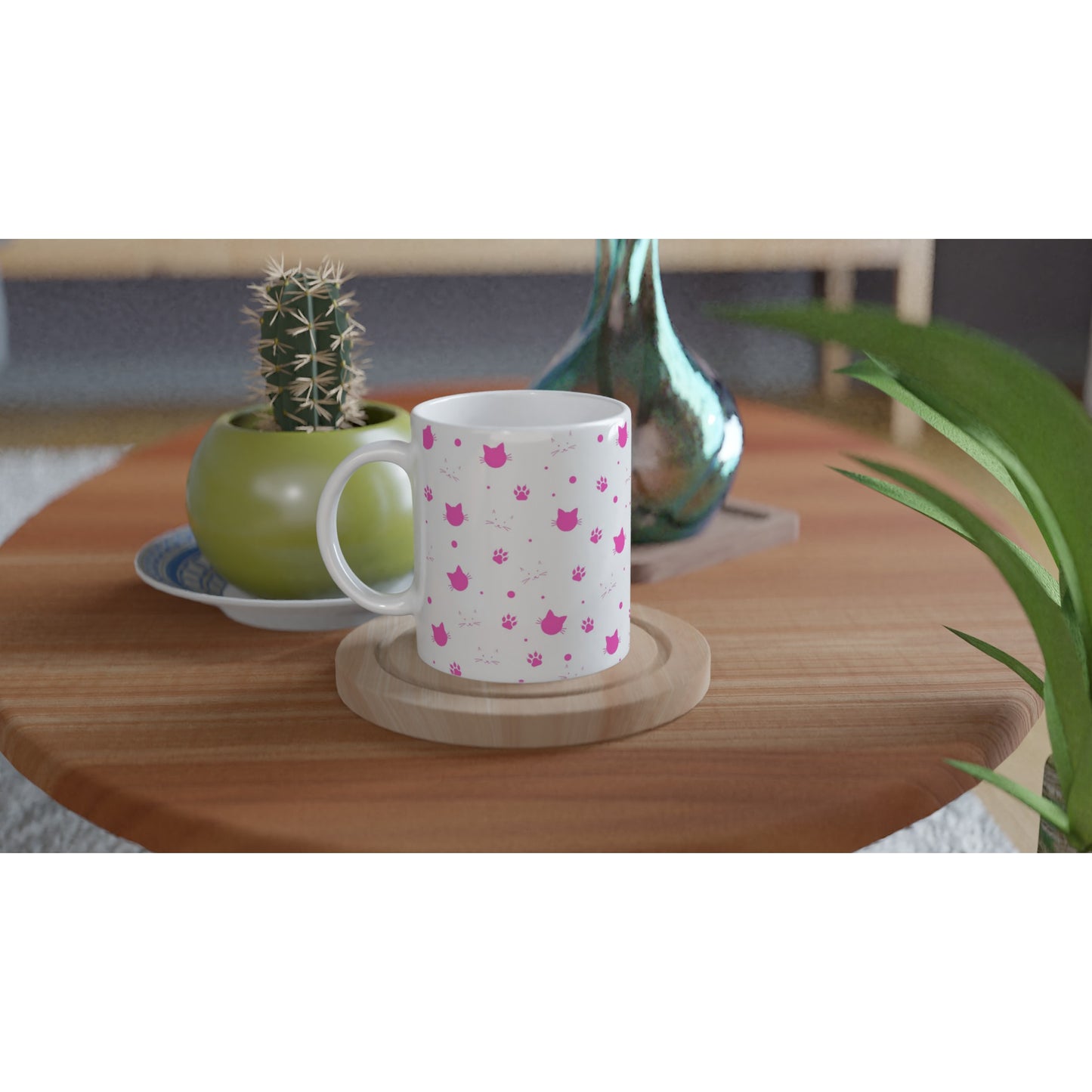 Taza gatos con huellas en diseño fucsia