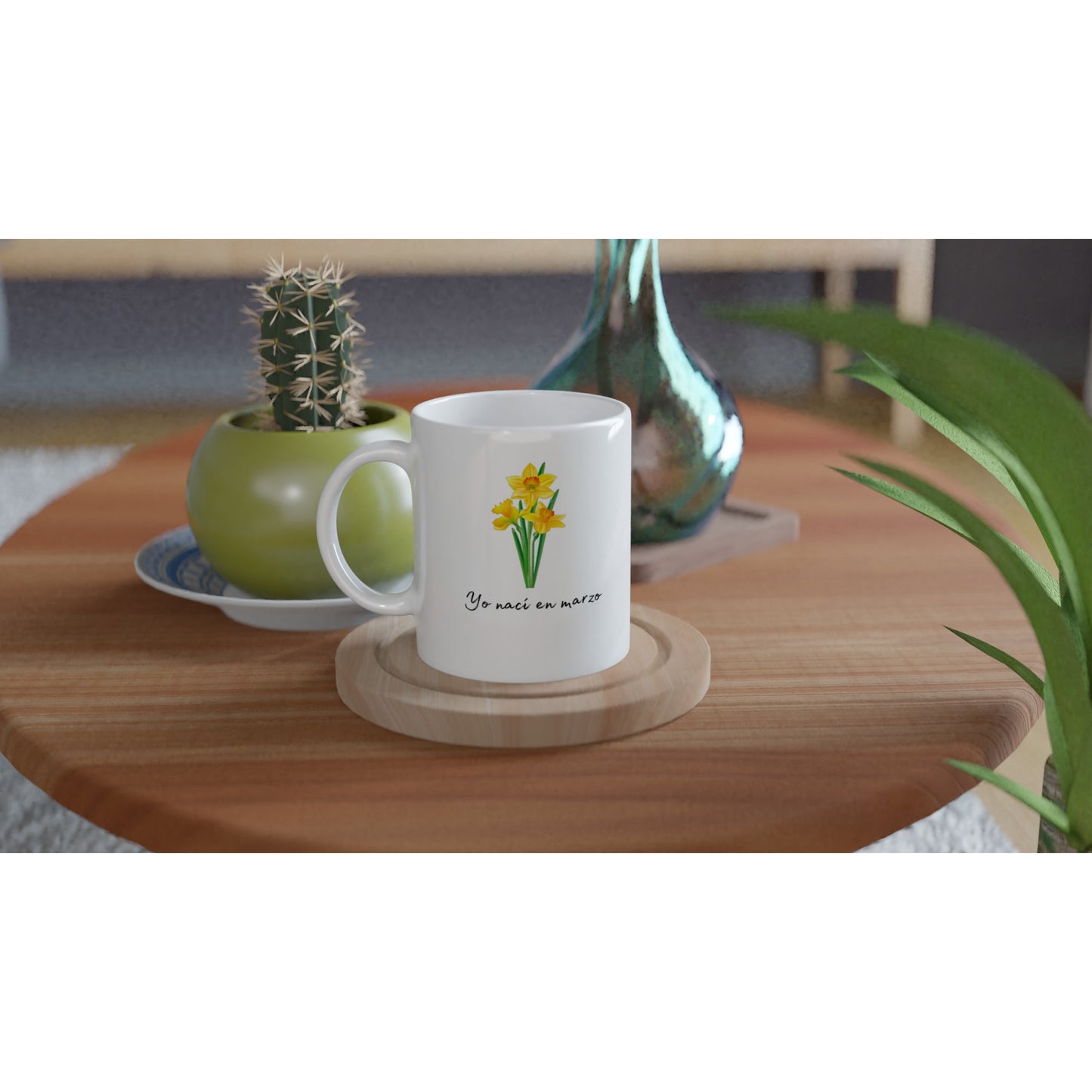 Taza con diseño de flor amarilla y texto