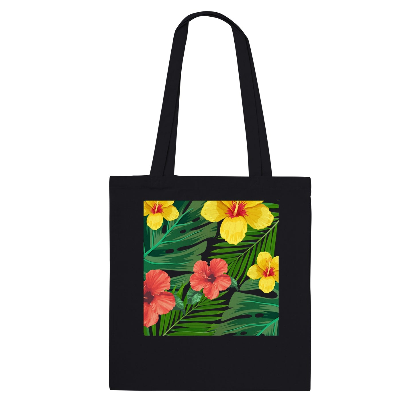 Bolsa de tela negra con diseño de flores tropicales
