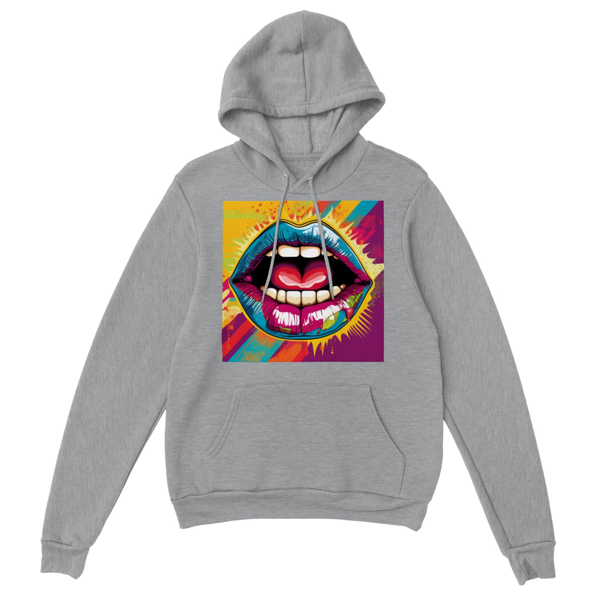 Sudadera gris con capucha con diseño colorido de estilo pop art