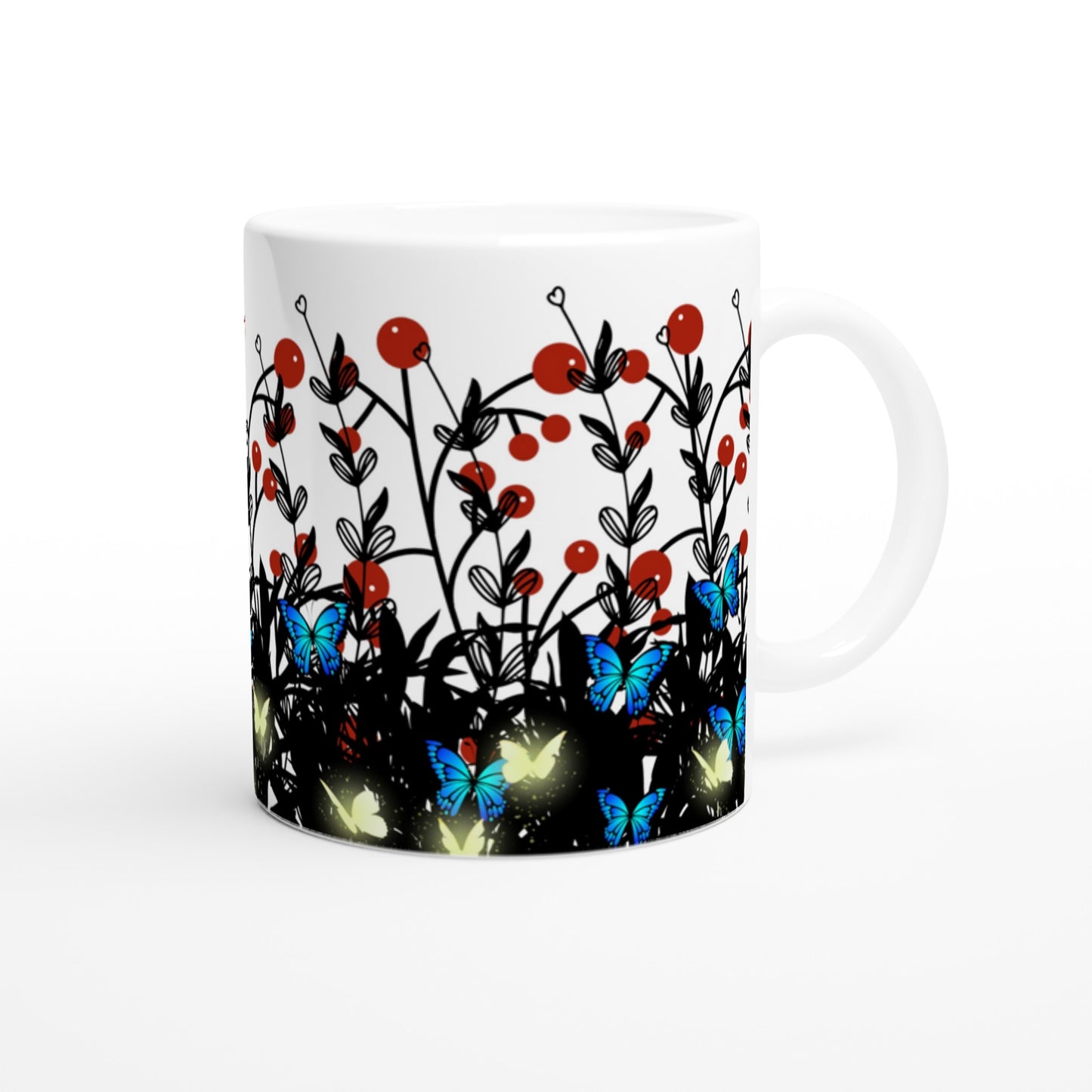 Bonita taza de café con flores y mariposas