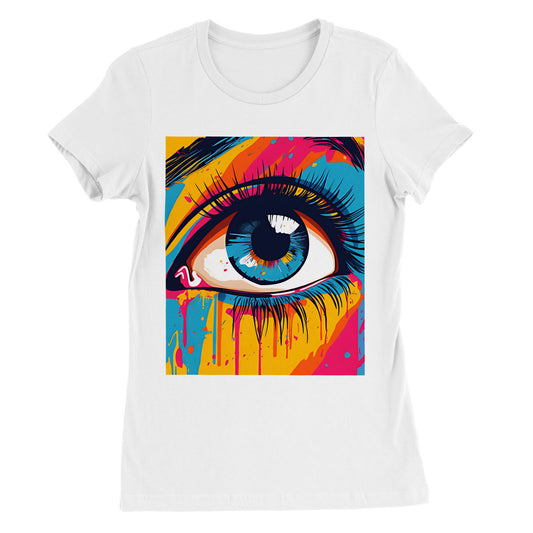 Camiseta blanca con diseño de un colorido ojo estilo pop art