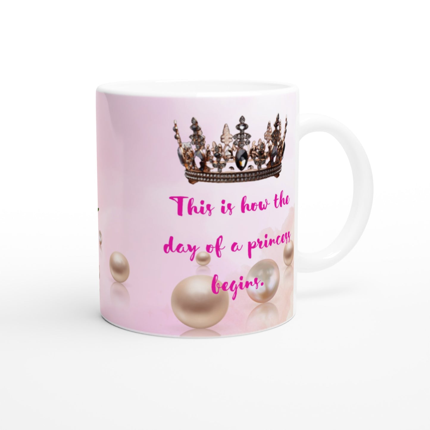 Taza de café para mujer con una rosa y perlas
