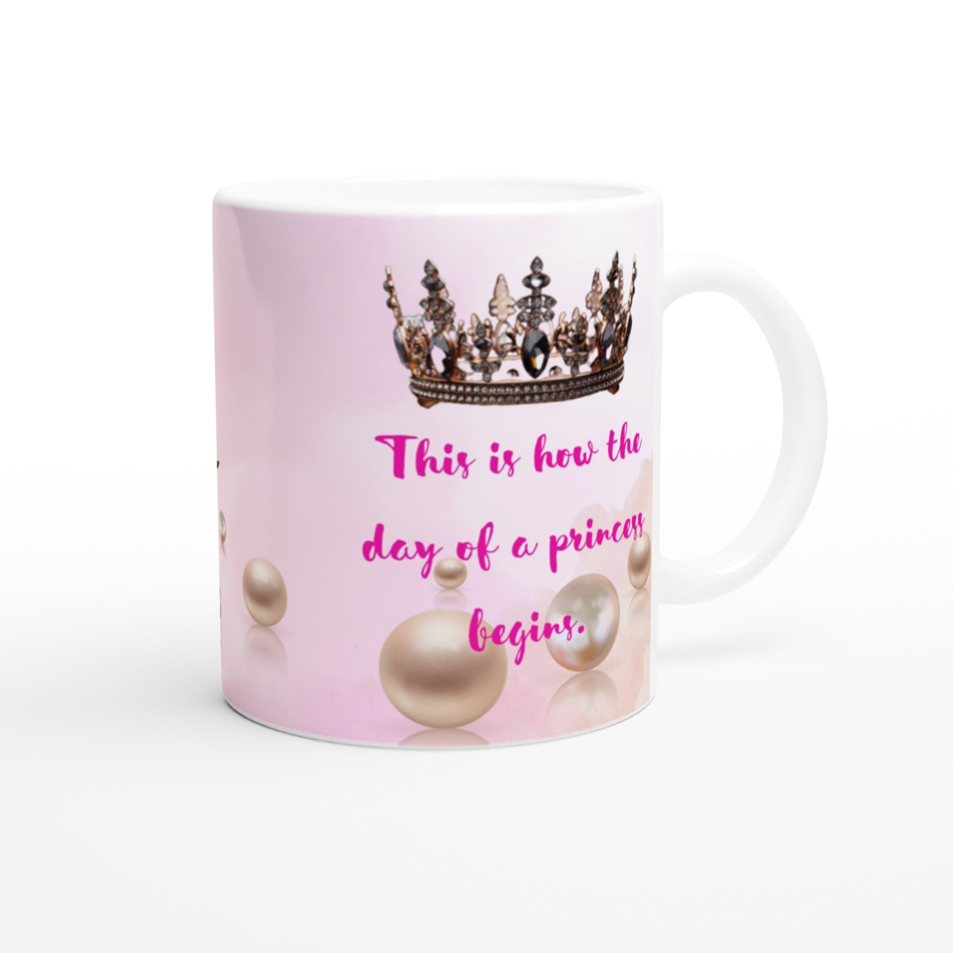 Taza de café para mujer con una rosa y perlas