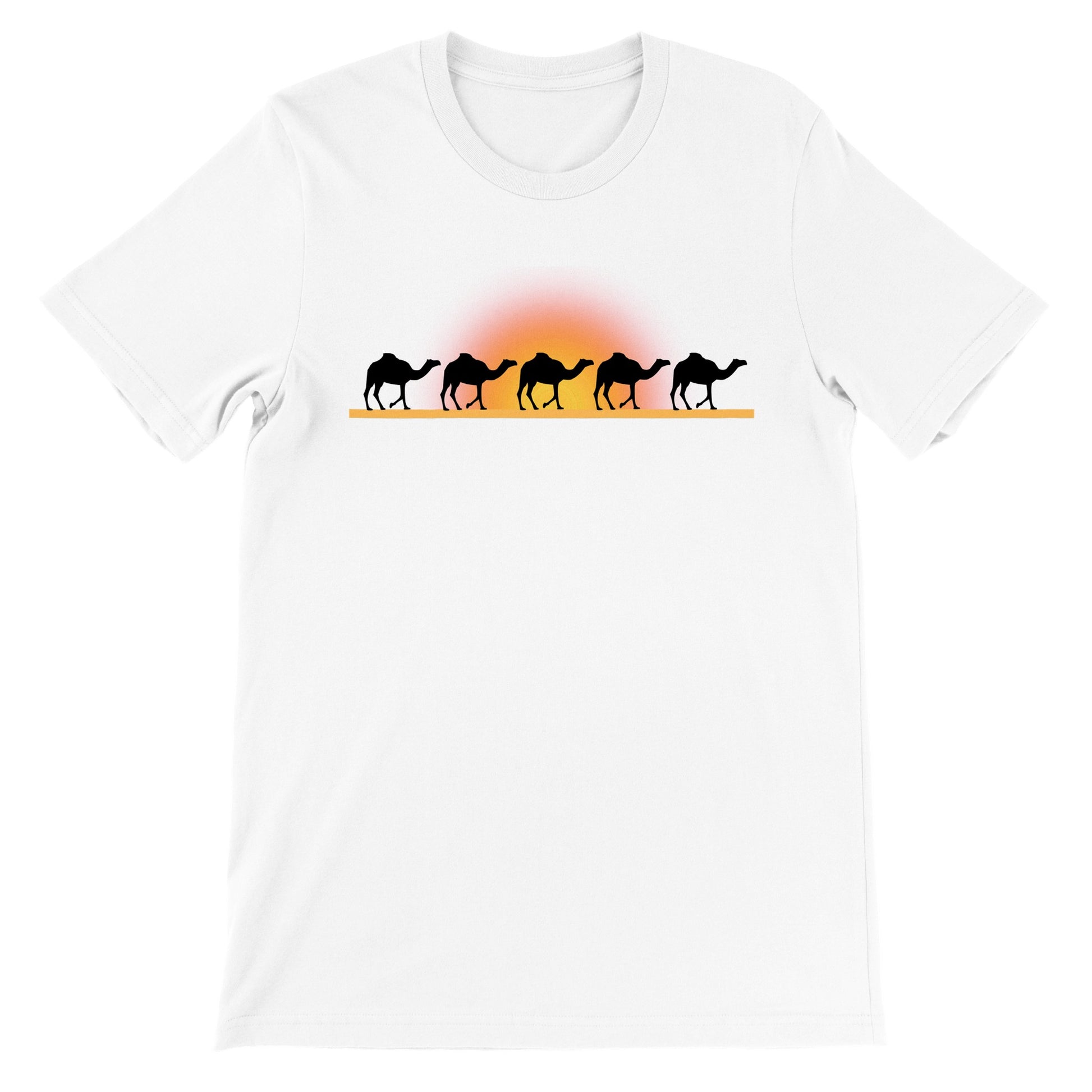 Camiseta blanca para hombres con camellos en el desierto