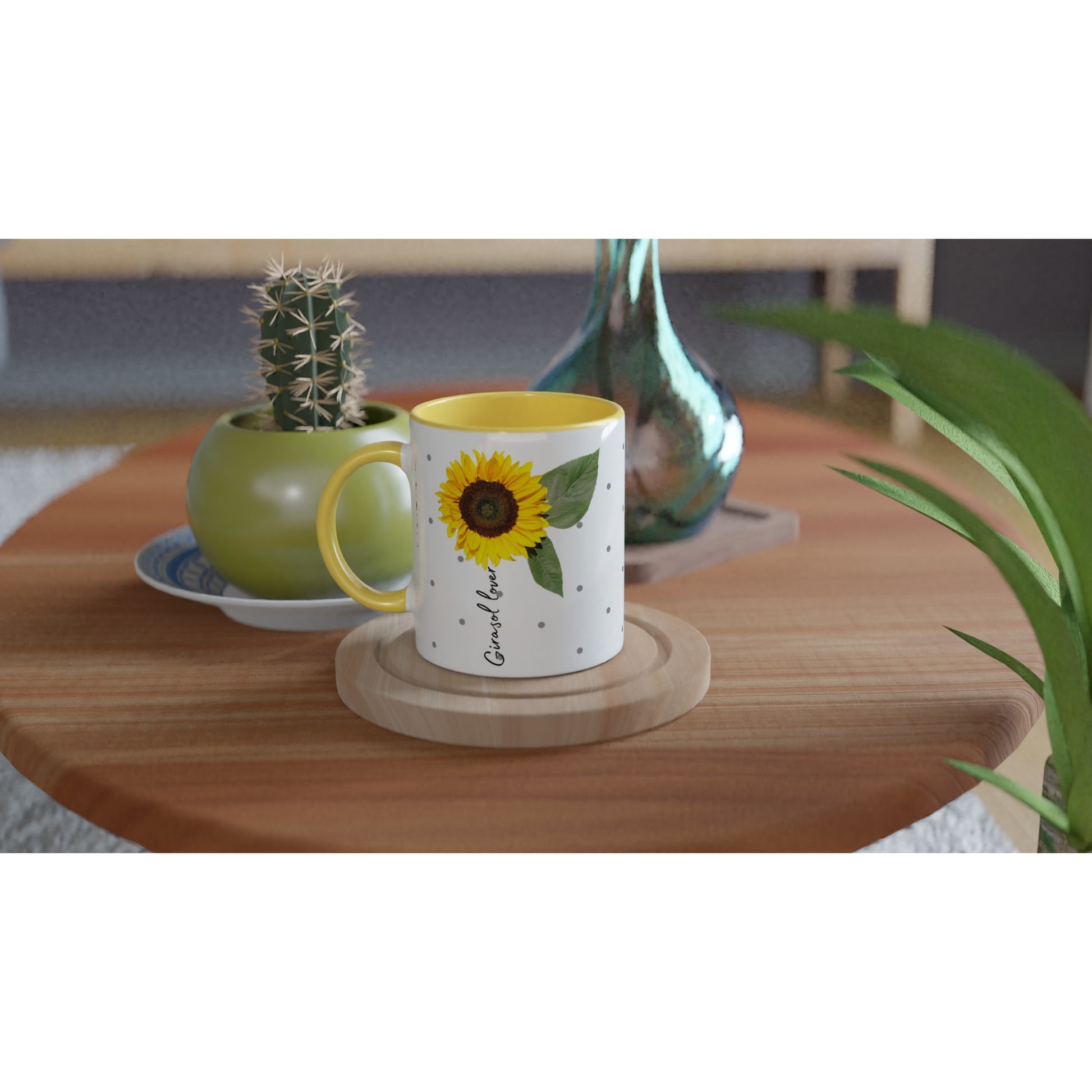 Taza con diseño original de girasoles y lunares