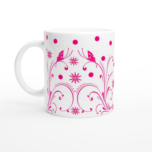 Taza bonita con diseño de flores fucsia