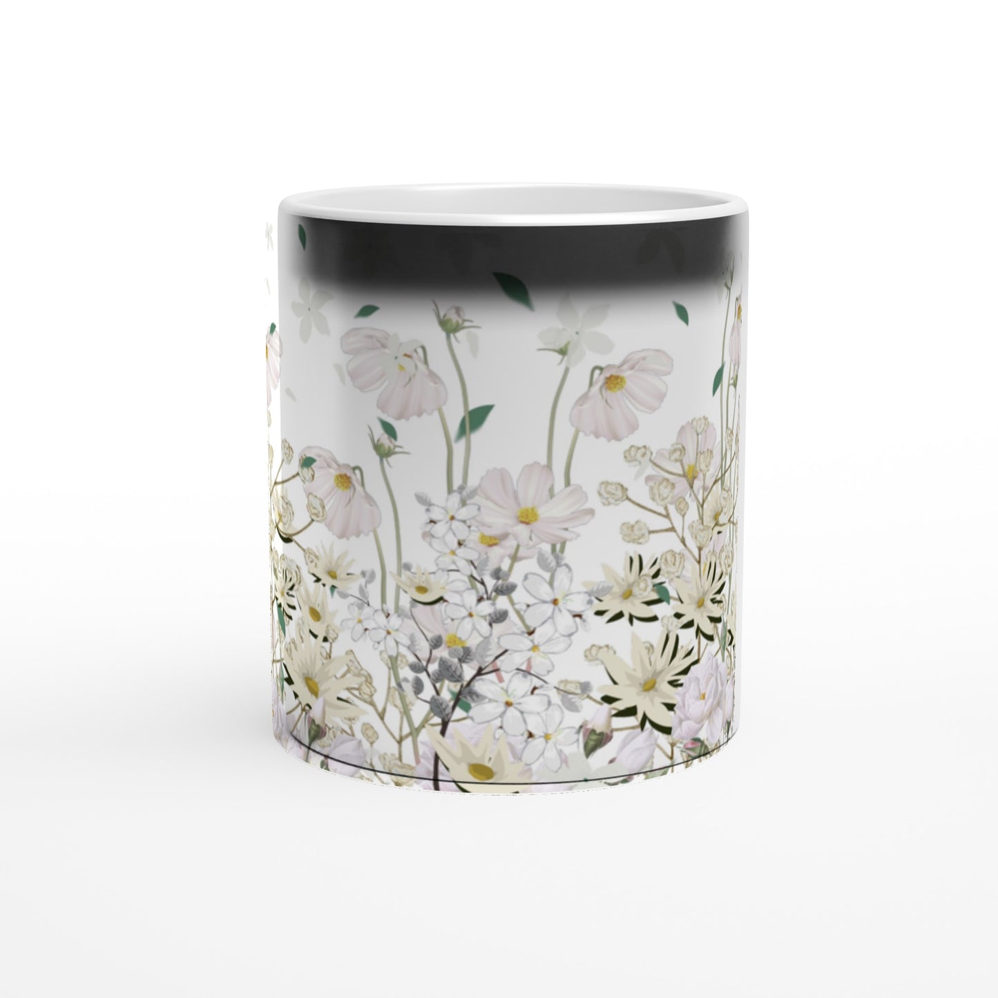Bonita taza mágica con flores blancas
