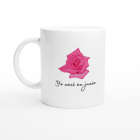 Taza con una rosa roja y texto para los nacidos en junio