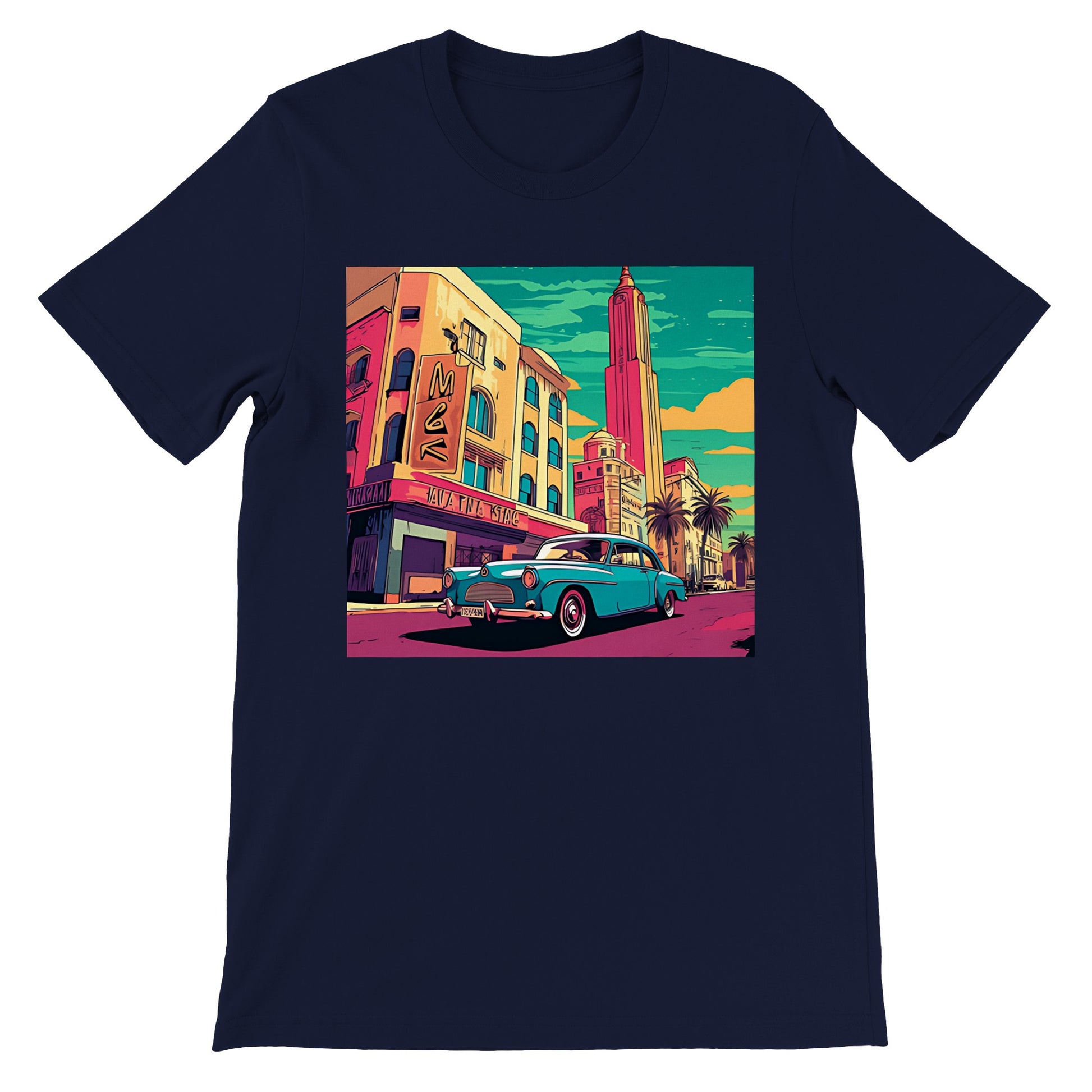 Camiseta azul marino de hombre con coche clásico