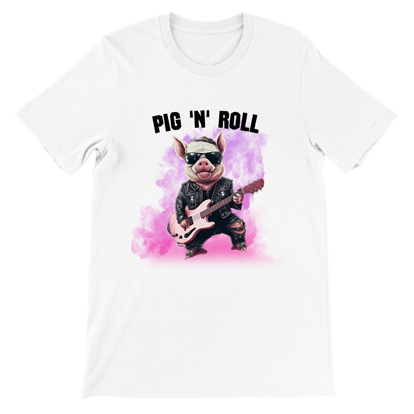 Camiseta blanca con cerdito divertido tocando rock