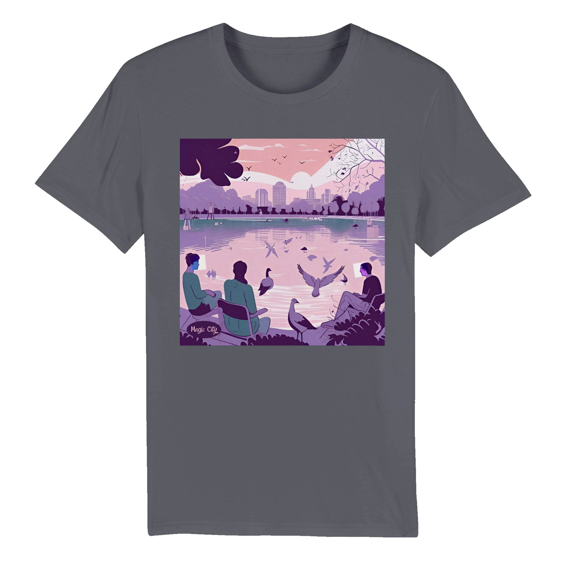Camiseta gris con diseño de personas en un parque en tonos lila