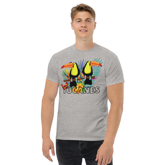 Camiseta de hombre gris con diseño de pareja de tucanes y flores tropicales