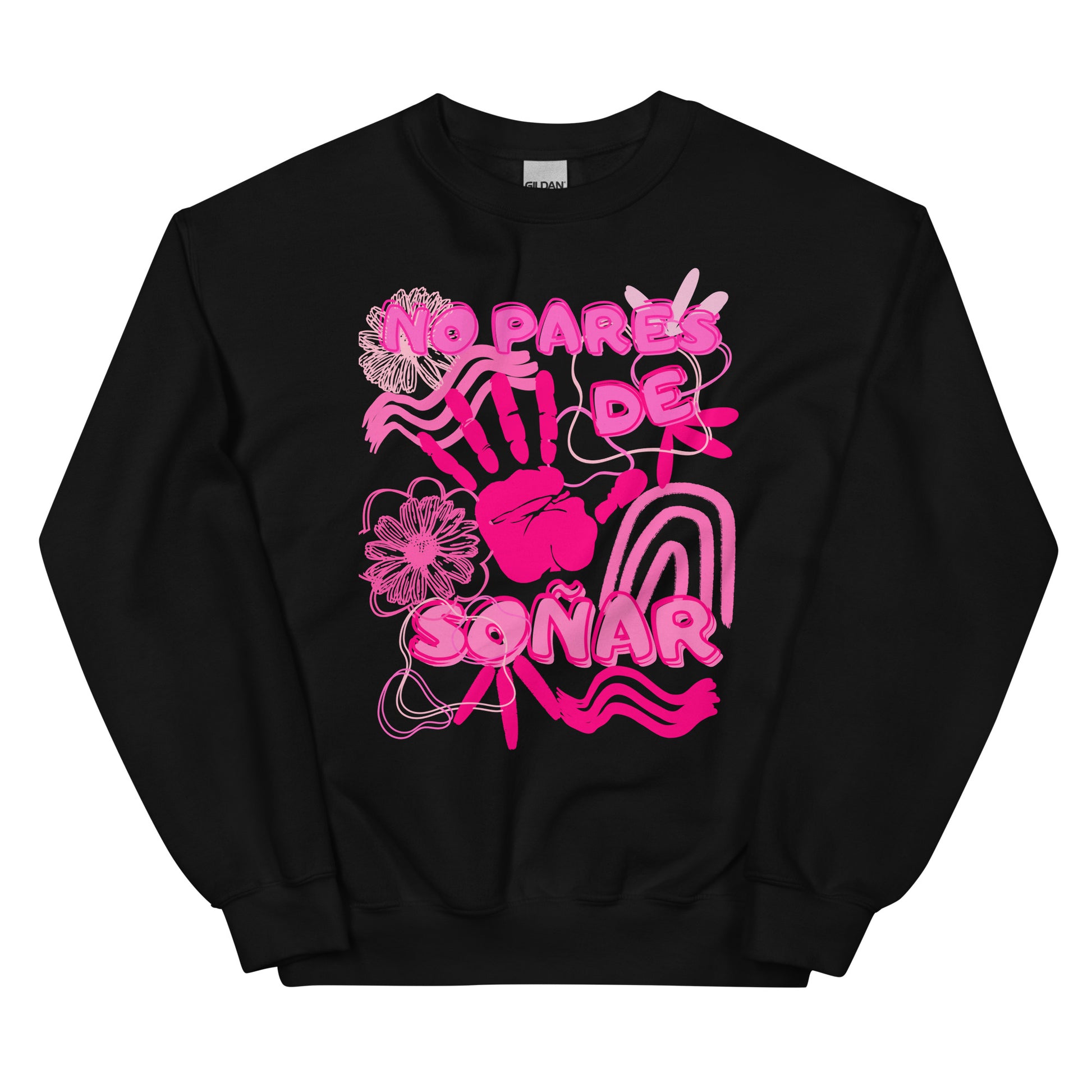 Sudadera negra con diseño rosado y frase