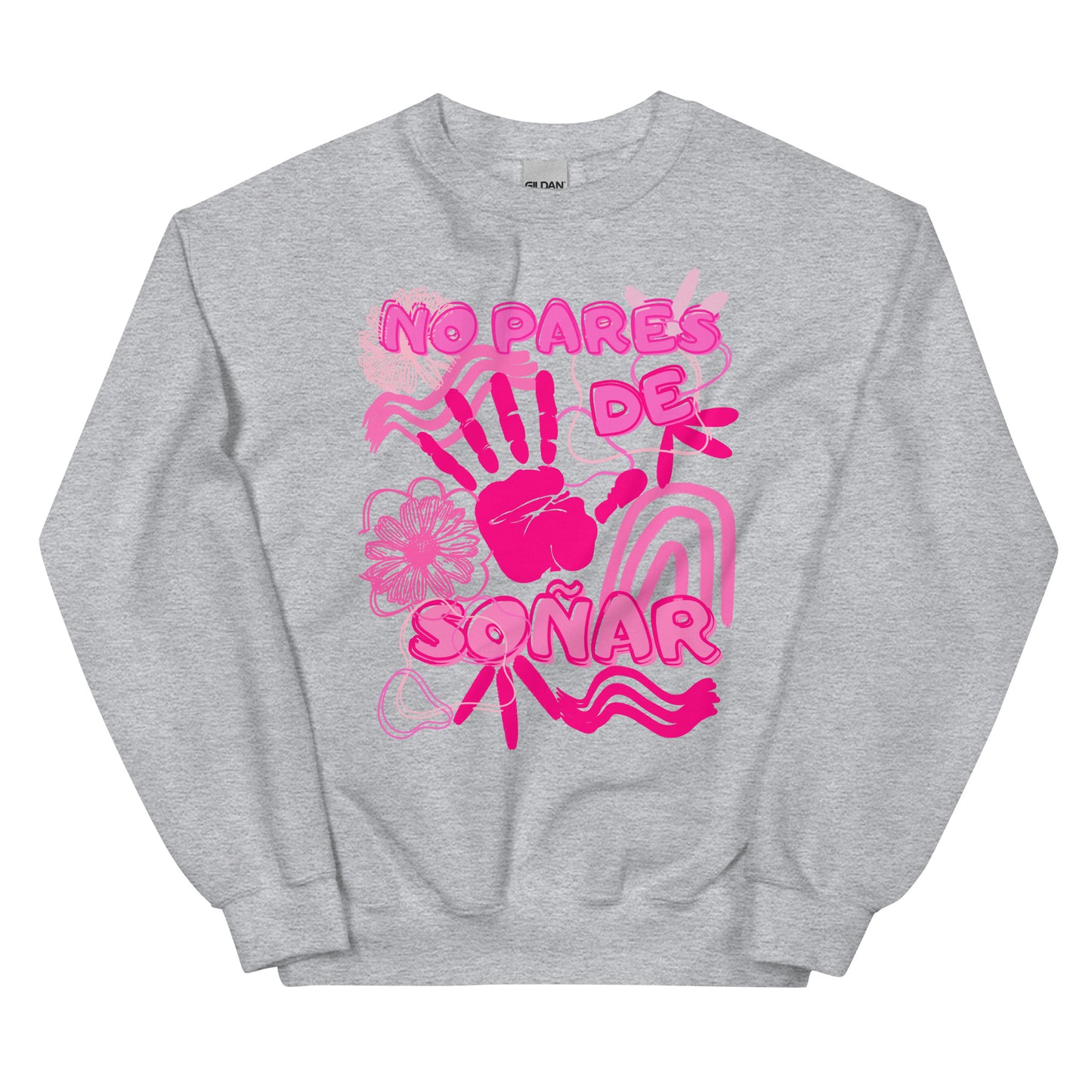 Sudadera sin capucha gris con diseño en color rosa