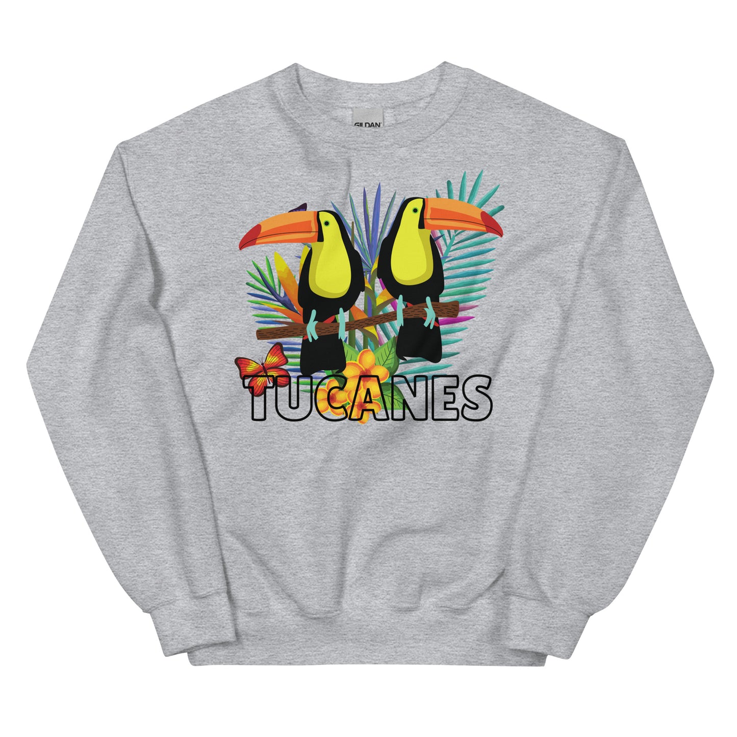 Sudadera gris con diseño de tucanes tropicales 