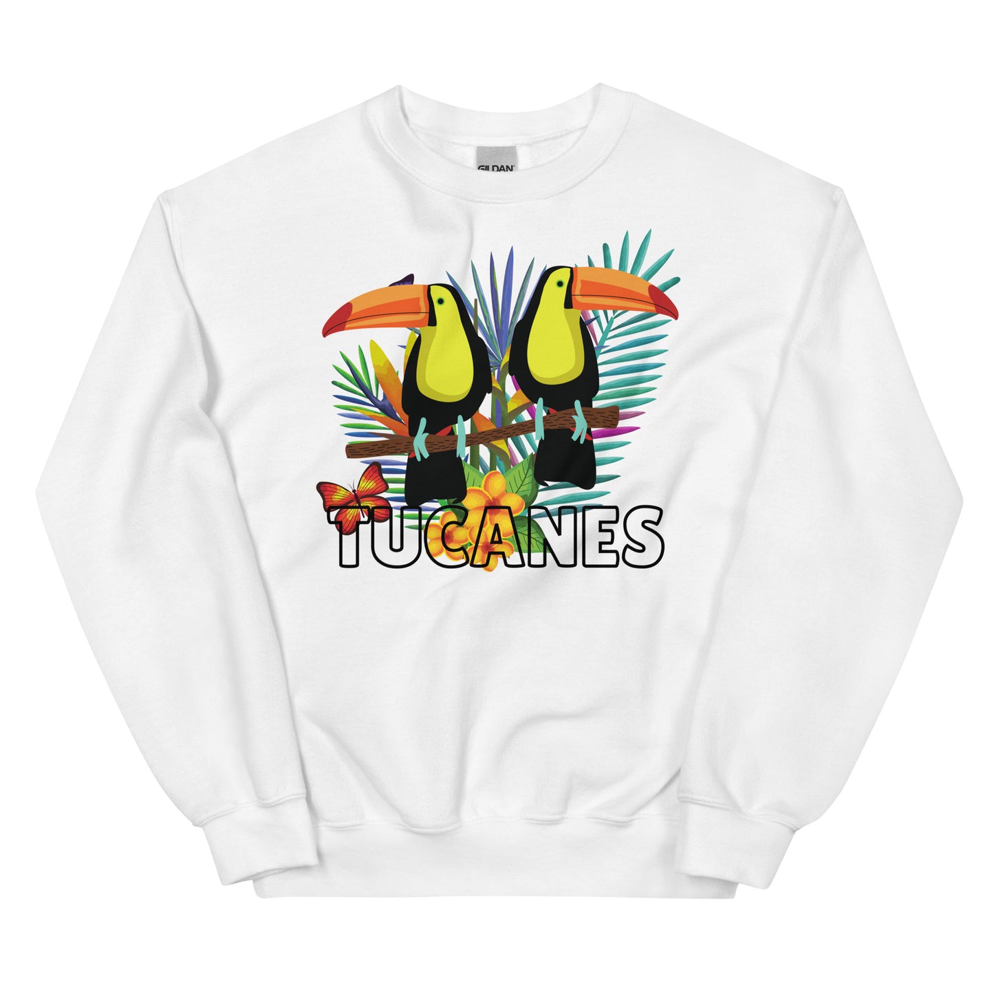 Sudadera blanca con diseño de tucanes con ramas tropicales