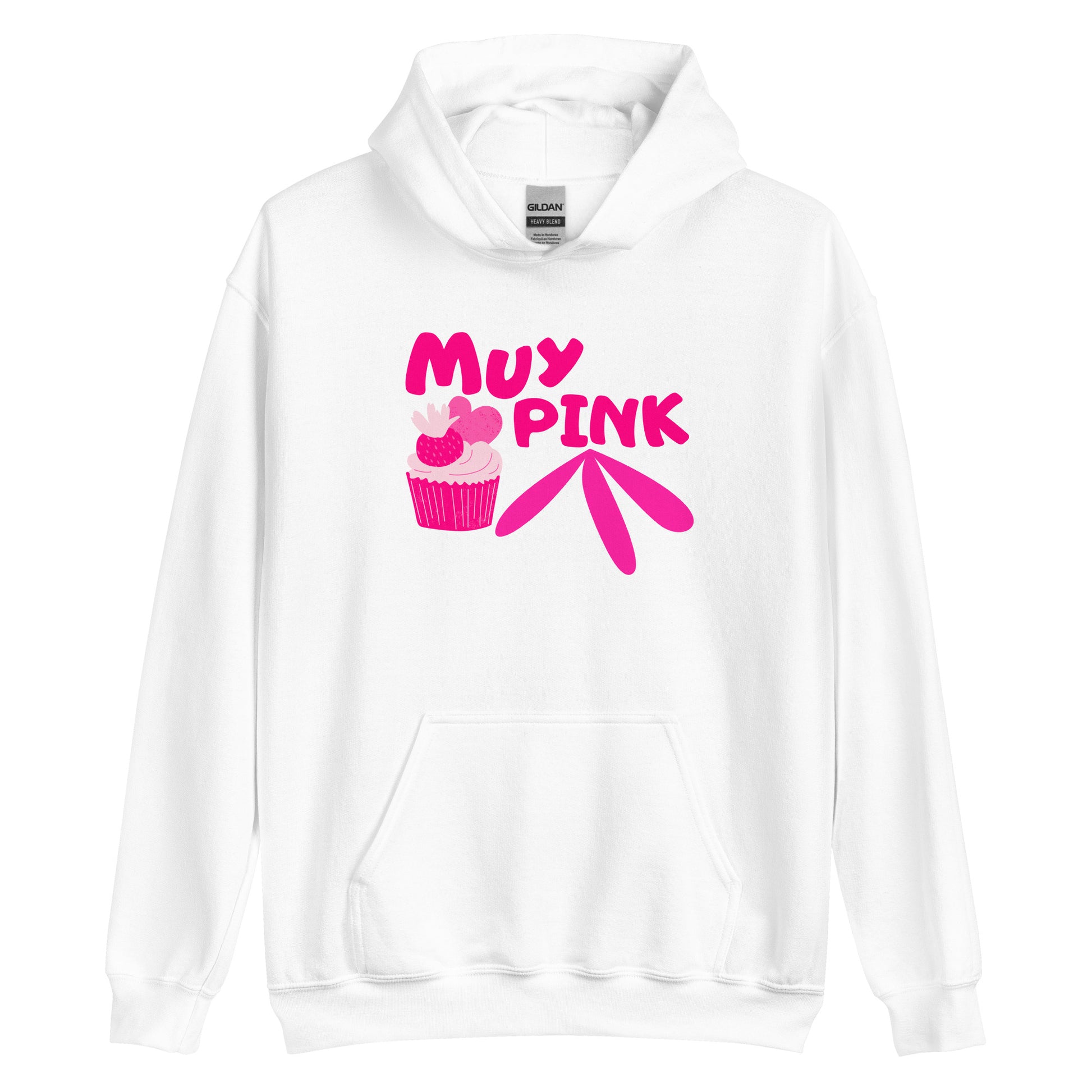 Sudadera blanca con capucha y diseño rosado fucsia en la parte delantera