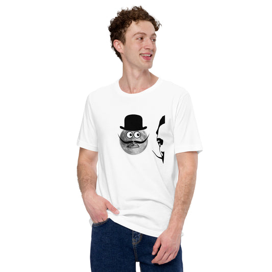 Camiseta blanca con diseño de la luna con sombrero y el bigote de Dalí