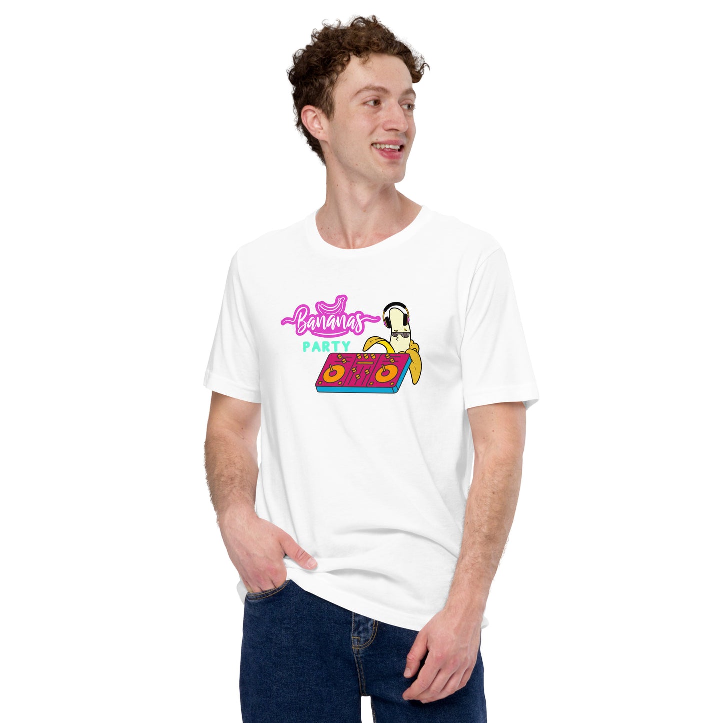 Camiseta blanca de hombre con divertido diseño de un plátano DJ pinchando música