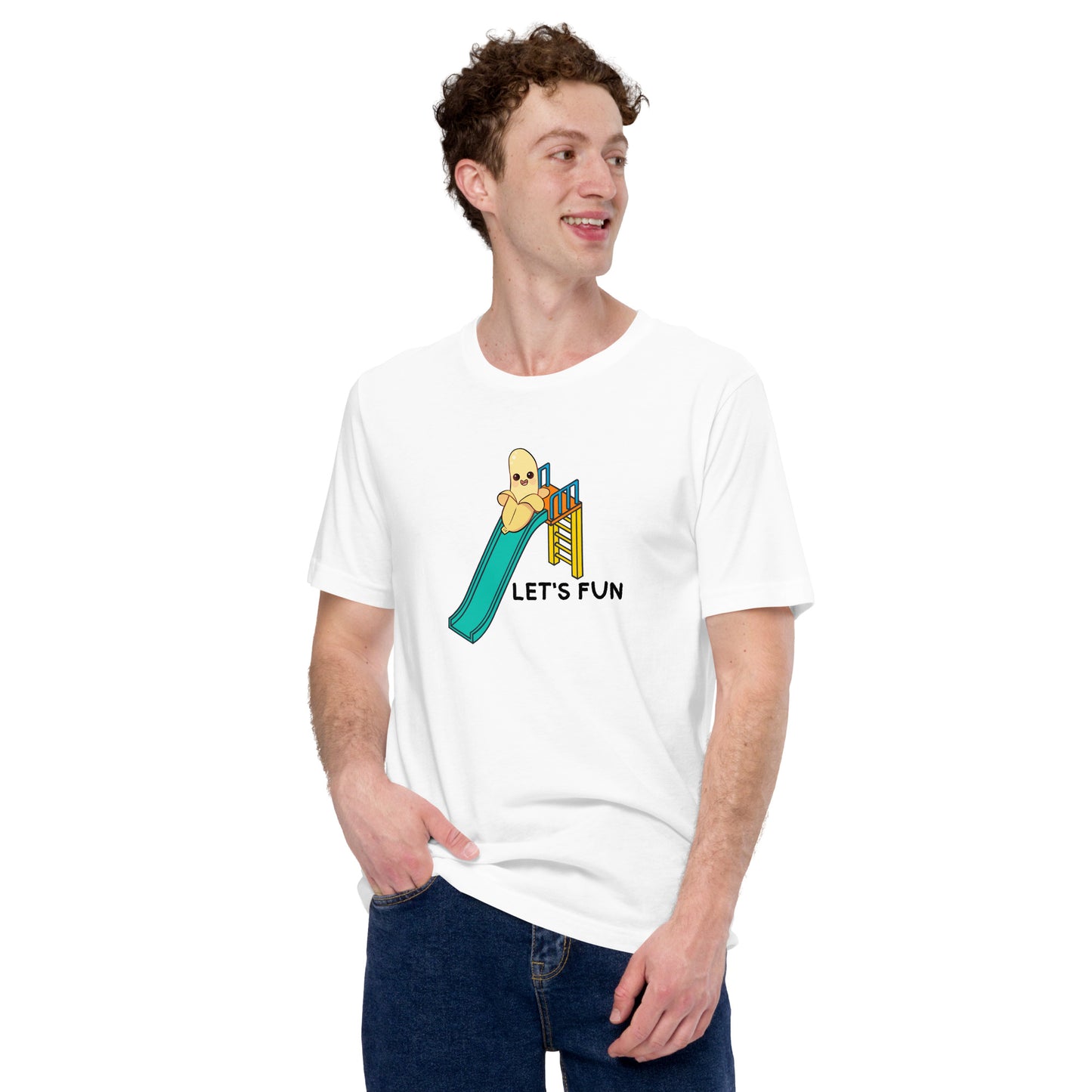 Camiseta de hombre blanca básica con diseño original de un plátano lanzándose de un tobogán 