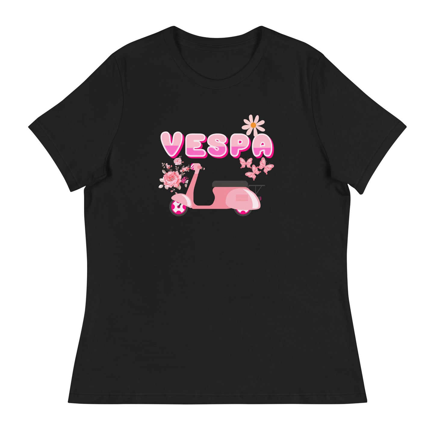 Camiseta de mujer negra con una vespa en rosado